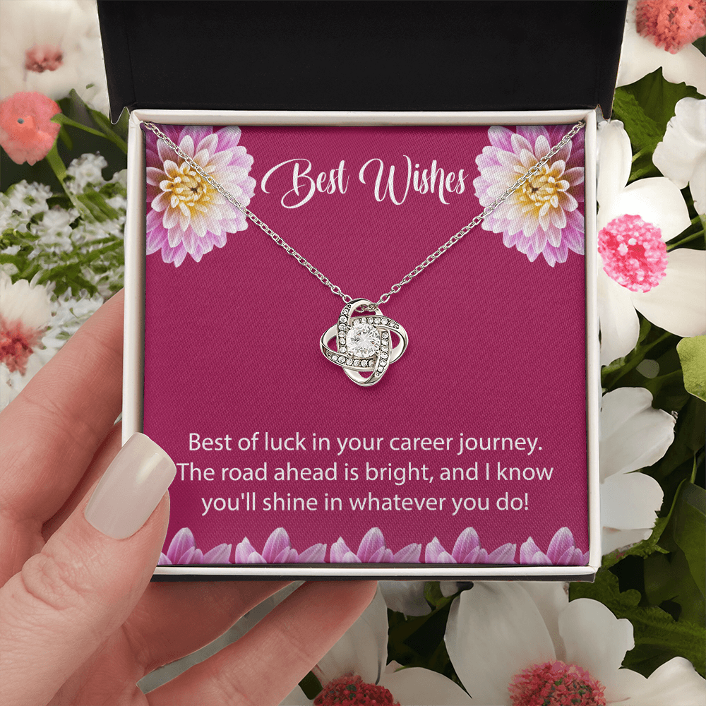 Best Wishes Gift – Elegant Love Knot Necklace with Greeting Card | Good Luck Jewelry Gift for Career, Farewell, Birthday & Special Occasions | Silver-Plated Pendant for Women